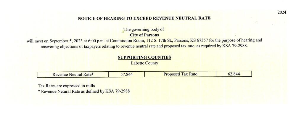 Notice of Hearing to Exceed Revenue Neutral Rate
